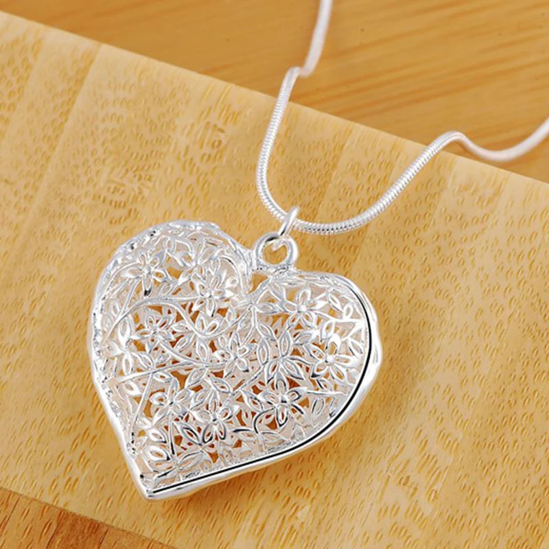 DOTEFFIL 925 Sterling Silver 18-30 Inch Carved Heart Pendant Snake Chain Necklace For Women Fashion Wedding Party Charm Jewelry