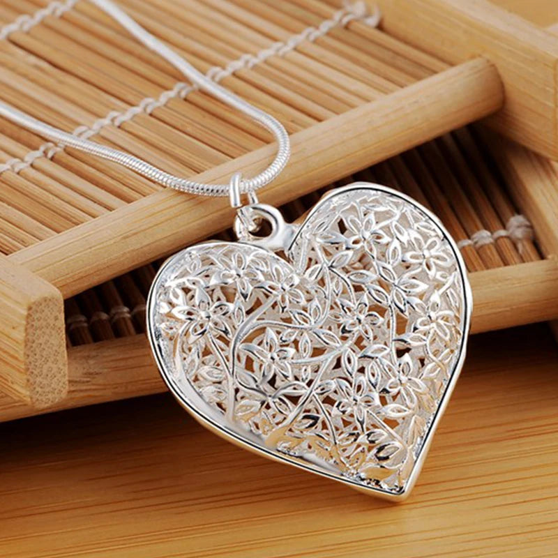 DOTEFFIL 925 Sterling Silver 18-30 Inch Carved Heart Pendant Snake Chain Necklace For Women Fashion Wedding Party Charm Jewelry