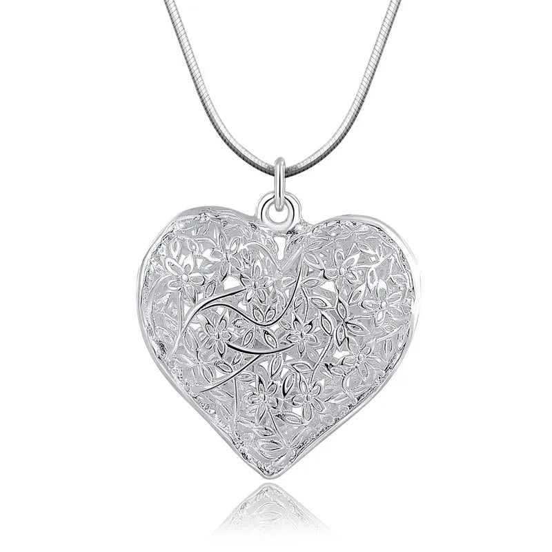 DOTEFFIL 925 Sterling Silver 18-30 Inch Carved Heart Pendant Snake Chain Necklace For Women Fashion Wedding Party Charm Jewelry