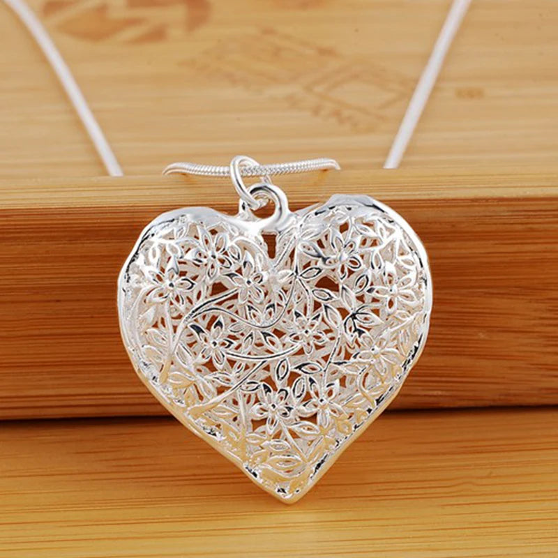 DOTEFFIL 925 Sterling Silver 18-30 Inch Carved Heart Pendant Snake Chain Necklace For Women Fashion Wedding Party Charm Jewelry