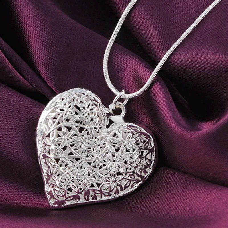 DOTEFFIL 925 Sterling Silver 18-30 Inch Carved Heart Pendant Snake Chain Necklace For Women Fashion Wedding Party Charm Jewelry