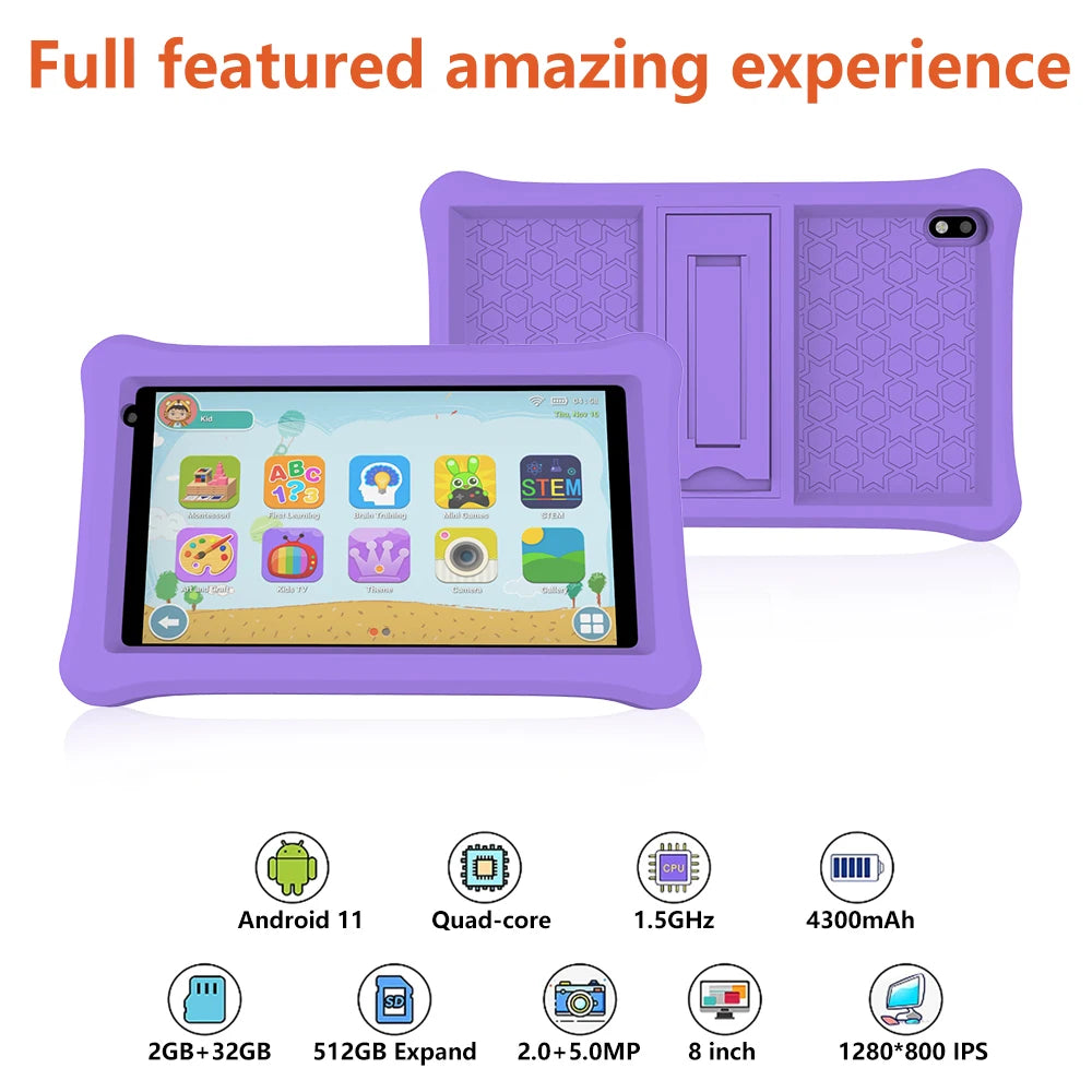 QPS 8 inch tablet android PC 4500mAh 2GB RAM 32GB ROM Children Learning kiddies tablets Kids Tablet with Holder