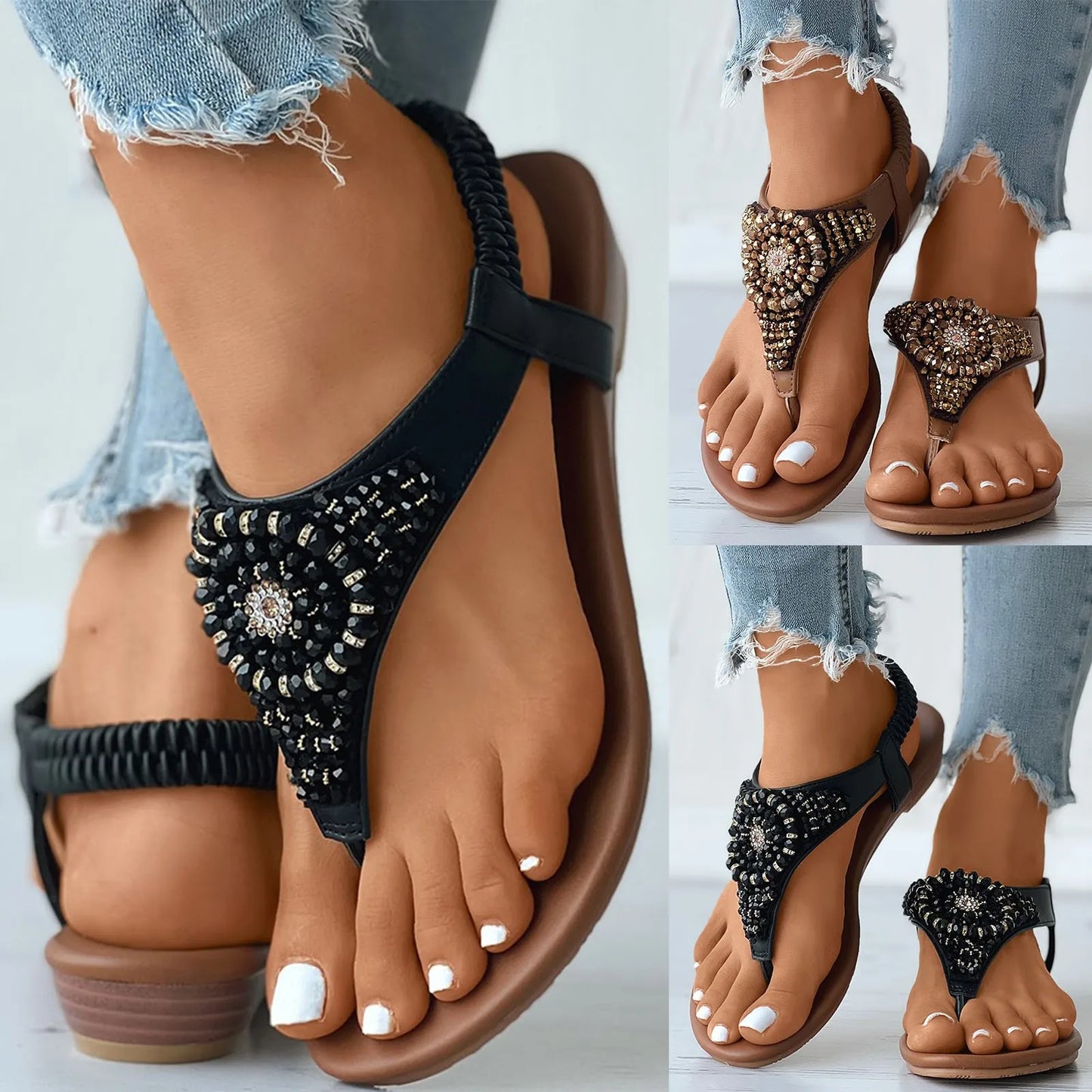 Bohemian Style Flat Sandals for Women Summer Beads Clip Toe Gladiator Sandals Woman Plus Size Flat Bottom Beach Shoes Flip Flops