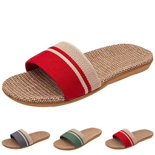 Fashion Household Slippers Flip-Flops Shoes Women Linen Slippers Beach Sandals Summer Breathable Flat Shoes Striped Sandals