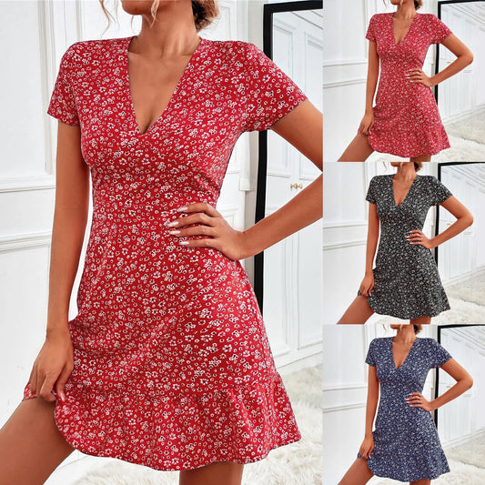 Elegant Women Short Sleeve A Line Dress Vestidos Summer Floral Print V Neck Ruffled Hem Party Dress Knee Length Short Dress