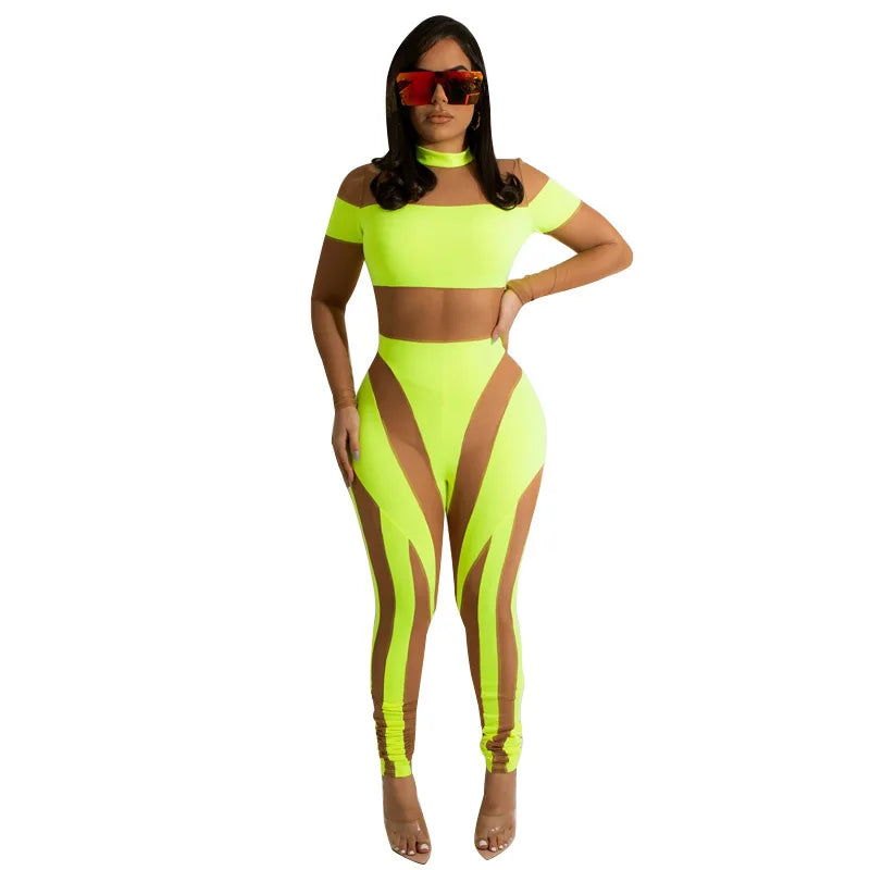 Sexy Sheer Mesh Jumpsuits Women Party Club Outfit Overalls Summer Neon Color Patchwork Long Sleeve See Through Rompers Fitness