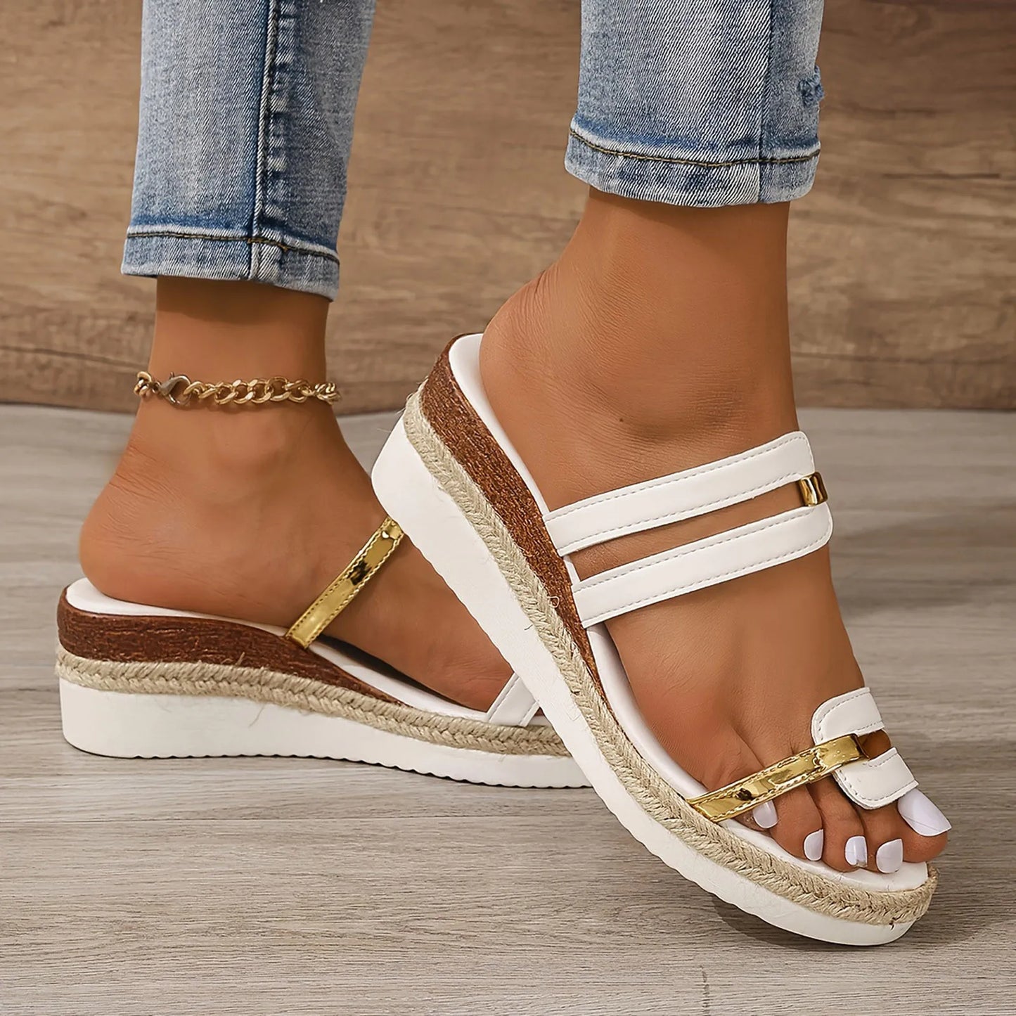 Women'S Sandals Summer 2024 Ladies Summer Casual Colour Blocking Soft Leather Woven Straw Bottom Sandalias De Mujeres En Oferta