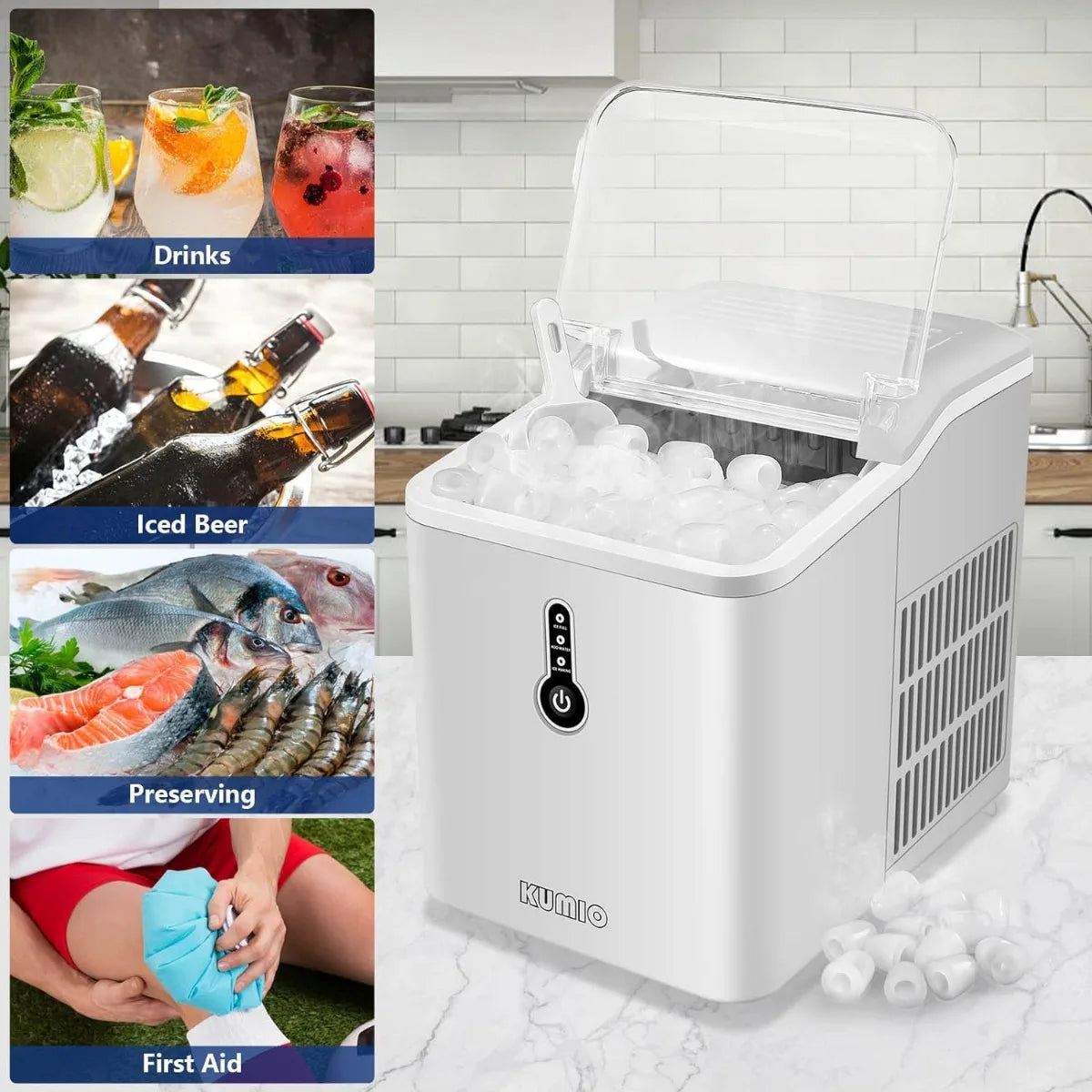 Countertop Ice Maker, 9 Thick Bullet-Shaped Ice Ready in 6-9 Mins, Portable Ice Maker Machine w/ Ice Scoop and Basket | USA |NEW