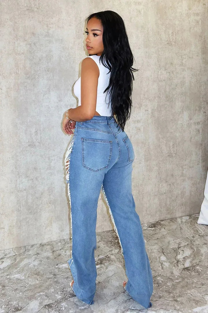 Women Fashion Pearl Beading Ripped Hollow Out Tassel Wide Leg Jeans 2024 New Summer INS Street Denim Pants Trousers