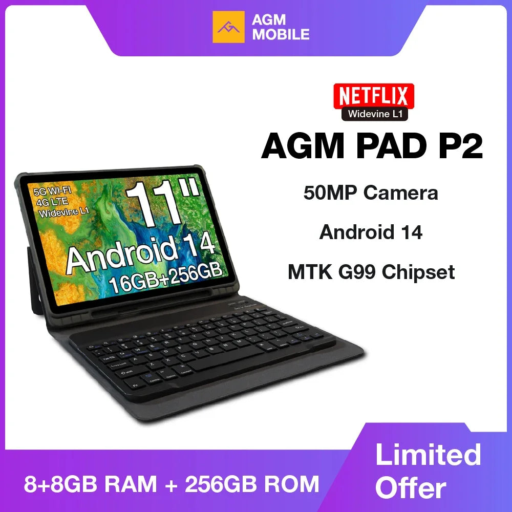 Tablet AGM PAD P2 8GB+256GB 11“ FHD Display 50MP Camera 7850MAh Battery MTK G99 480 Nit Brightness Widevine L1