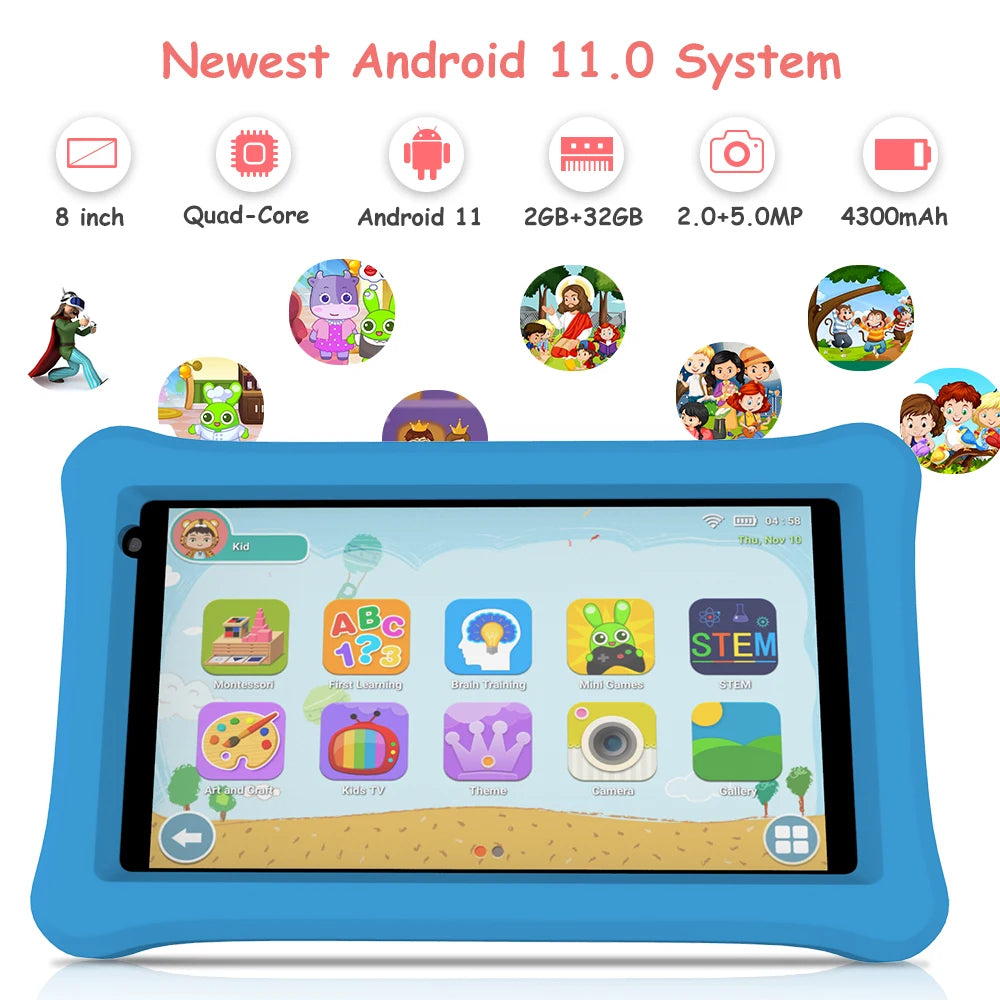 QPS 8 inch tablet android PC 4500mAh 2GB RAM 32GB ROM Children Learning kiddies tablets Kids Tablet with Holder