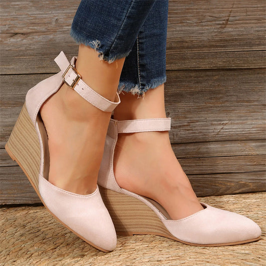 Fashion Women High Heel Sandals Closed Toe Solid Suede Pointed Wedge Heel Shoes Thick Bottom Buckle Sandals Female Footwear 샌들