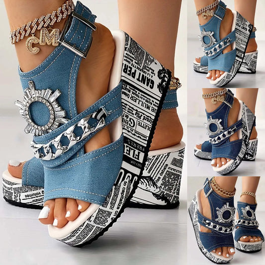 Summer Sandals Women 2024 Large Size Wedge Heel Denim Round Head Fish Mouth Sandals Comfortable Versatile Women Sandals On Offer