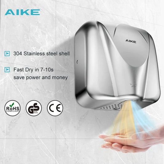 AIKE Automatic Hand Dryer Heavy Duty Commercial Hands Dryer High Speed Stainless Steel Design Warm Wind Hand Blower 1400-1650W