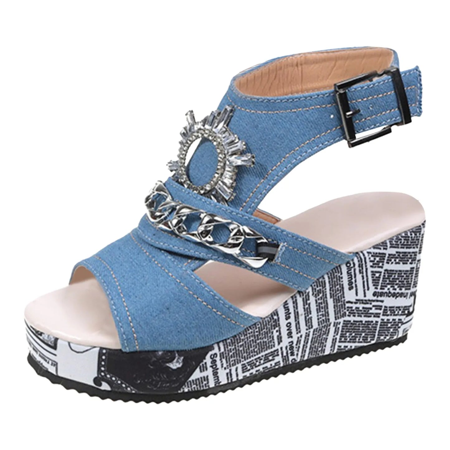 Summer Sandals Women 2024 Large Size Wedge Heel Denim Round Head Fish Mouth Sandals Comfortable Versatile Women Sandals On Offer