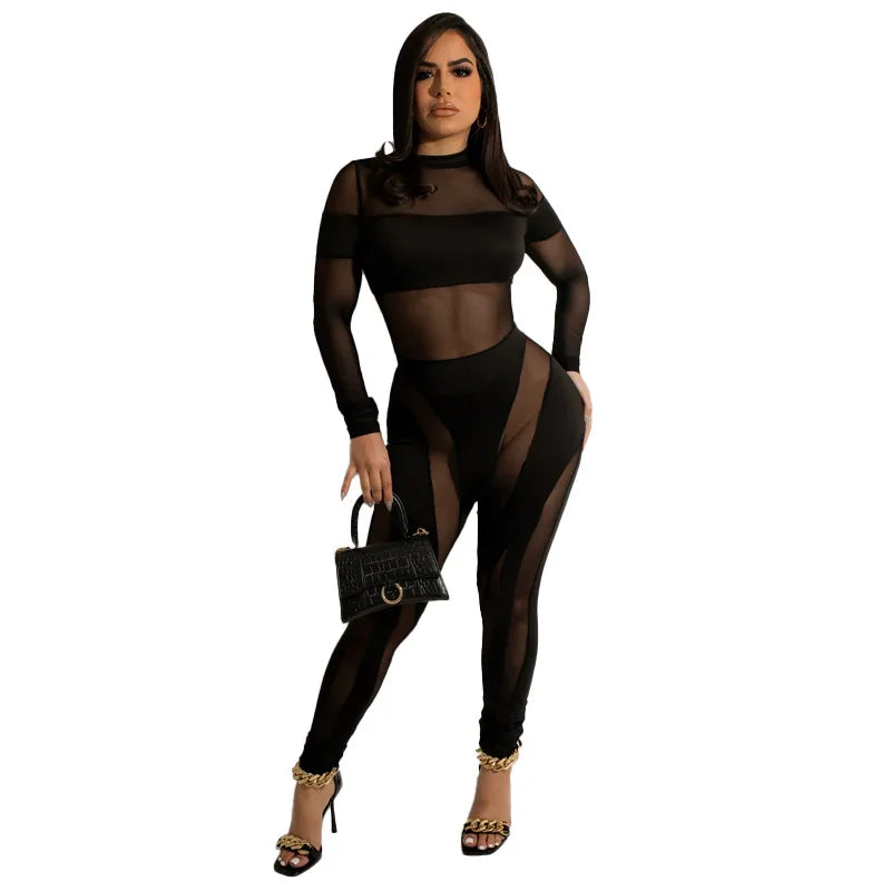 Sexy Sheer Mesh Jumpsuits Women Party Club Outfit Overalls Summer Neon Color Patchwork Long Sleeve See Through Rompers Fitness