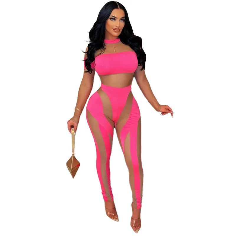 Sexy Sheer Mesh Jumpsuits Women Party Club Outfit Overalls Summer Neon Color Patchwork Long Sleeve See Through Rompers Fitness