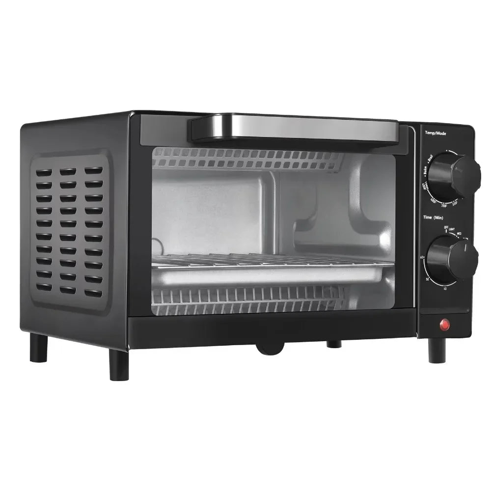 4 Slice Toaster Oven with 3 Setting Baking Rack and Pan Black New 2 Quartz Heating Elements Power Indicator Light