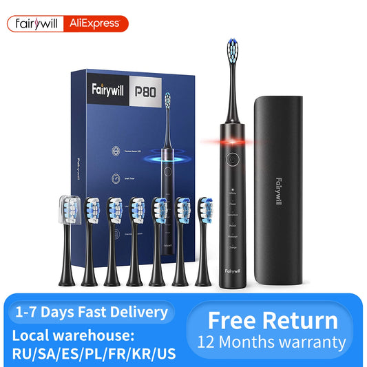 Fairywill Electric Toothbrush P80 with Pressure Sensor Whitening Electronic Toothbrushes USB Rechargeable Smart Timer for Adults