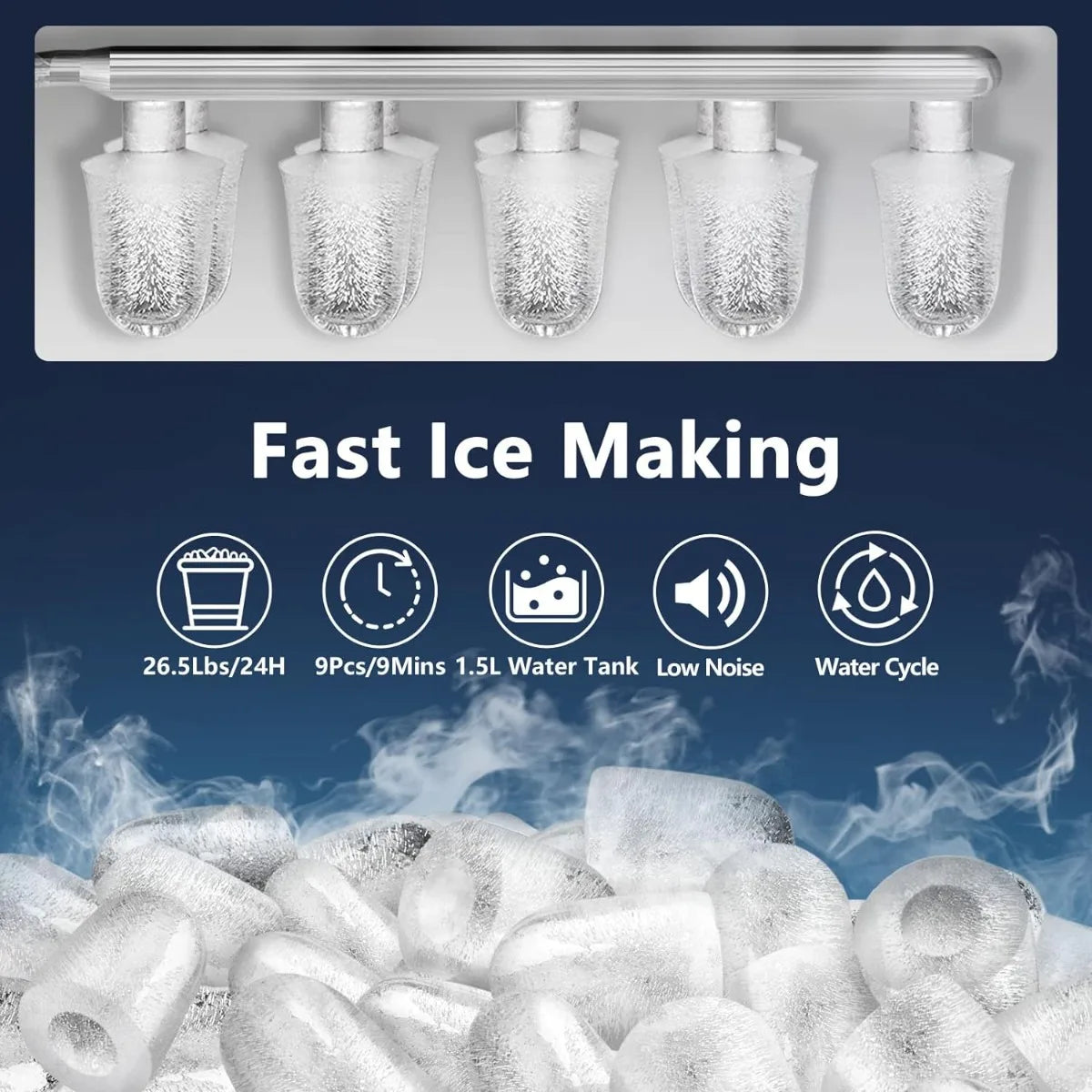 Countertop Ice Maker, 9 Thick Bullet-Shaped Ice Ready in 6-9 Mins, Portable Ice Maker Machine w/ Ice Scoop and Basket | USA |NEW