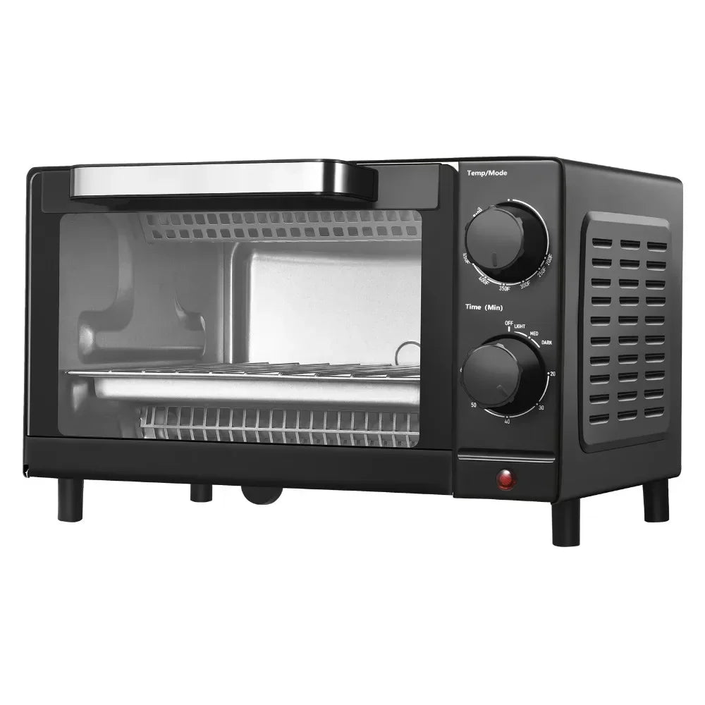 4 Slice Toaster Oven with 3 Setting Baking Rack and Pan Black New 2 Quartz Heating Elements Power Indicator Light