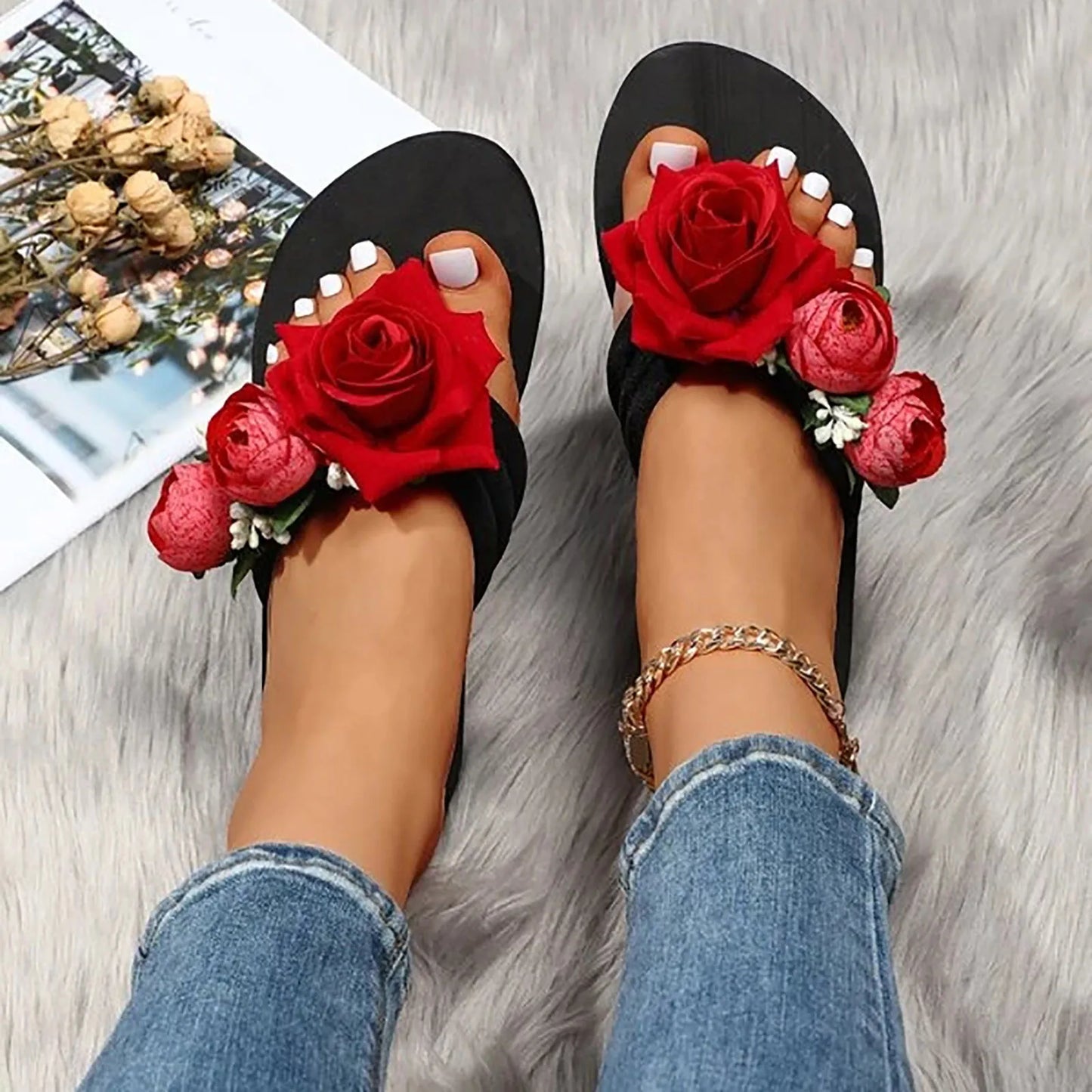 Slippers For Women Ladies Summer Flip Flops Open Toe Flowers Bohemian Sandals Casual Beach Shoes Outwear 2023 шлепки женские