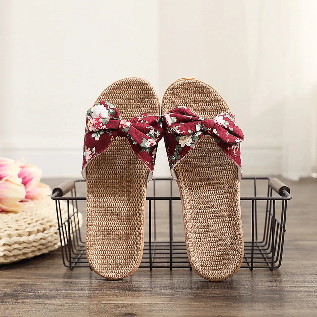 Women Summer Casual Slides Comfortable Flax Slippers Floral Bow Linen Flip Flops Platform Sandals Ladies Indoor Shoes