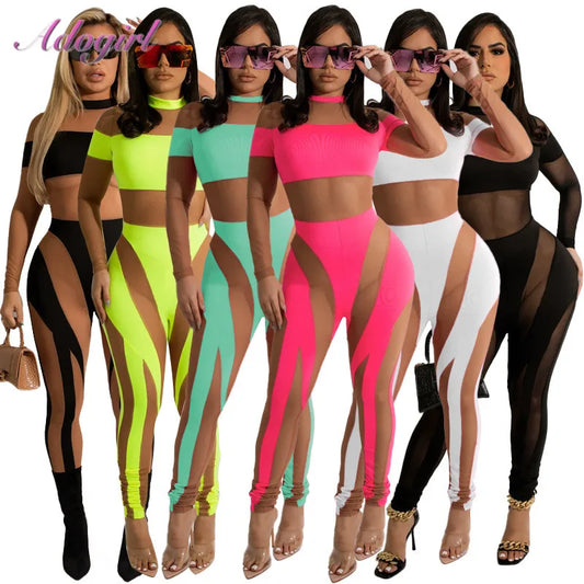 Sexy Sheer Mesh Jumpsuits Women Party Club Outfit Overalls Summer Neon Color Patchwork Long Sleeve See Through Rompers Fitness