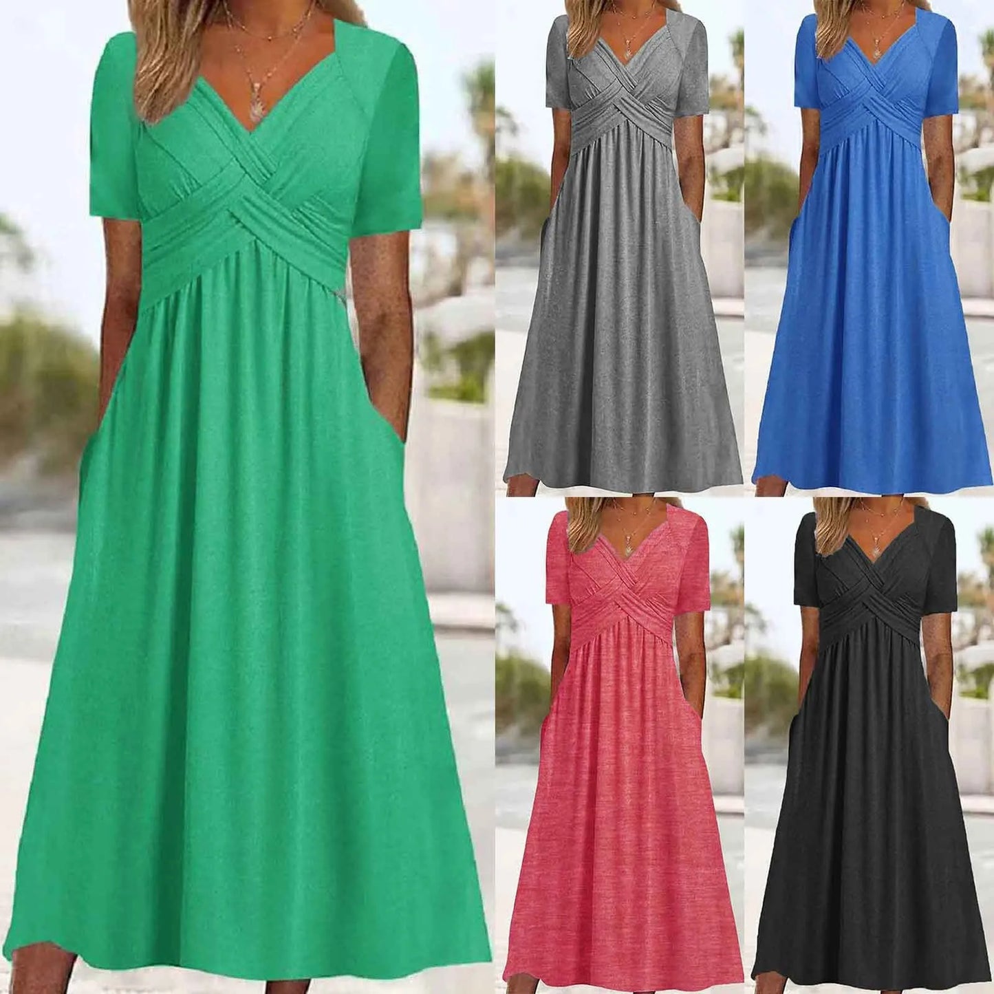 Plus Size Summer Casual Dress Elegant Cross Bandage Long Dresses for Women Loose Solid Short Sleeve Midi Dresses with Pockets