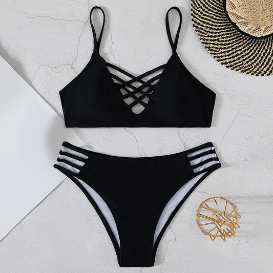 Sexy Hollow Out Bikini Sets Push Up Solid Color Tankini Swimwear High Waisted V-Neck Swimwear Women Bikini купальники женские