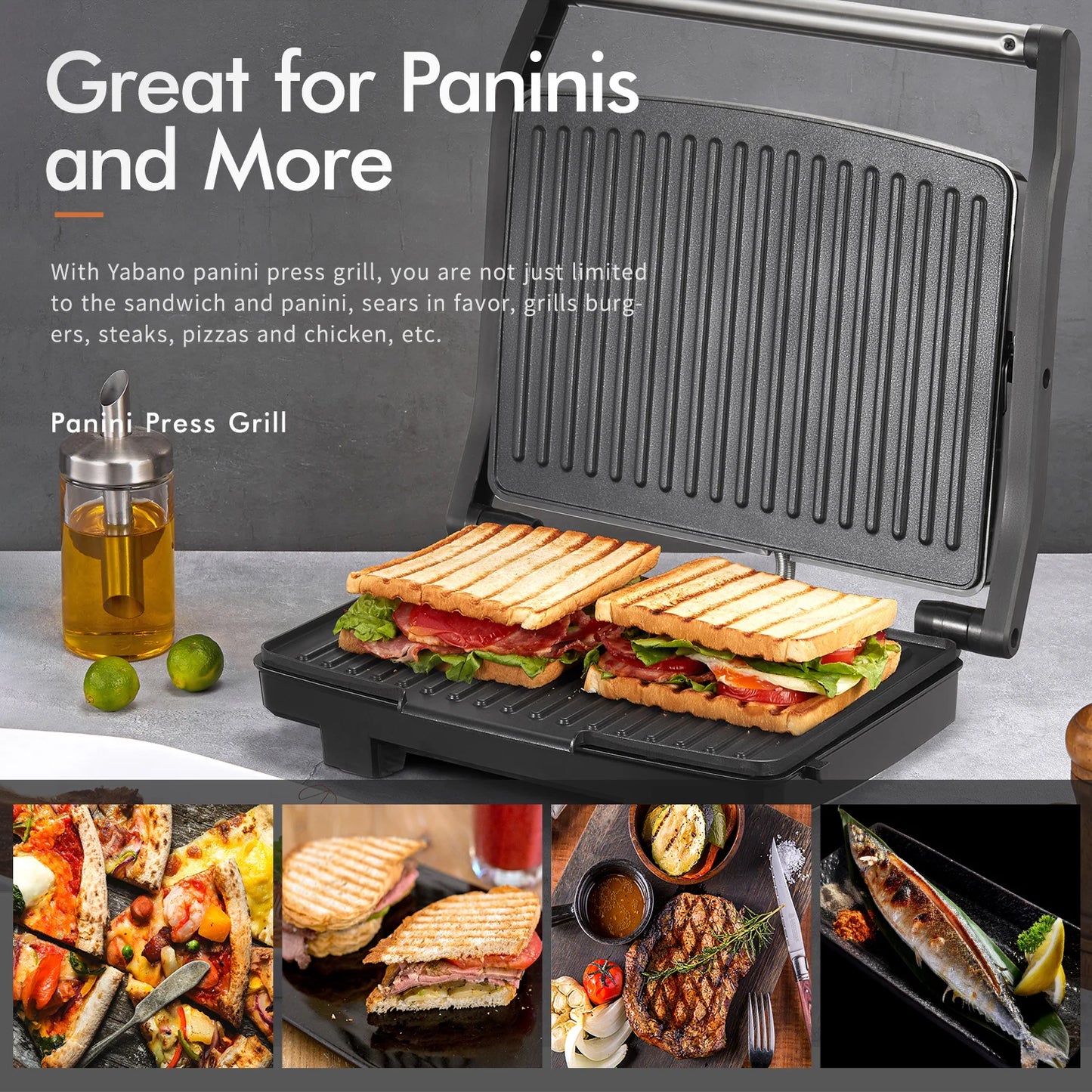 Yabano Panini Press Grill, Gourmet Sandwich Maker, Electric Indoor Grill with Non-Stick Cooking Plate and Removable Drip Tray, E