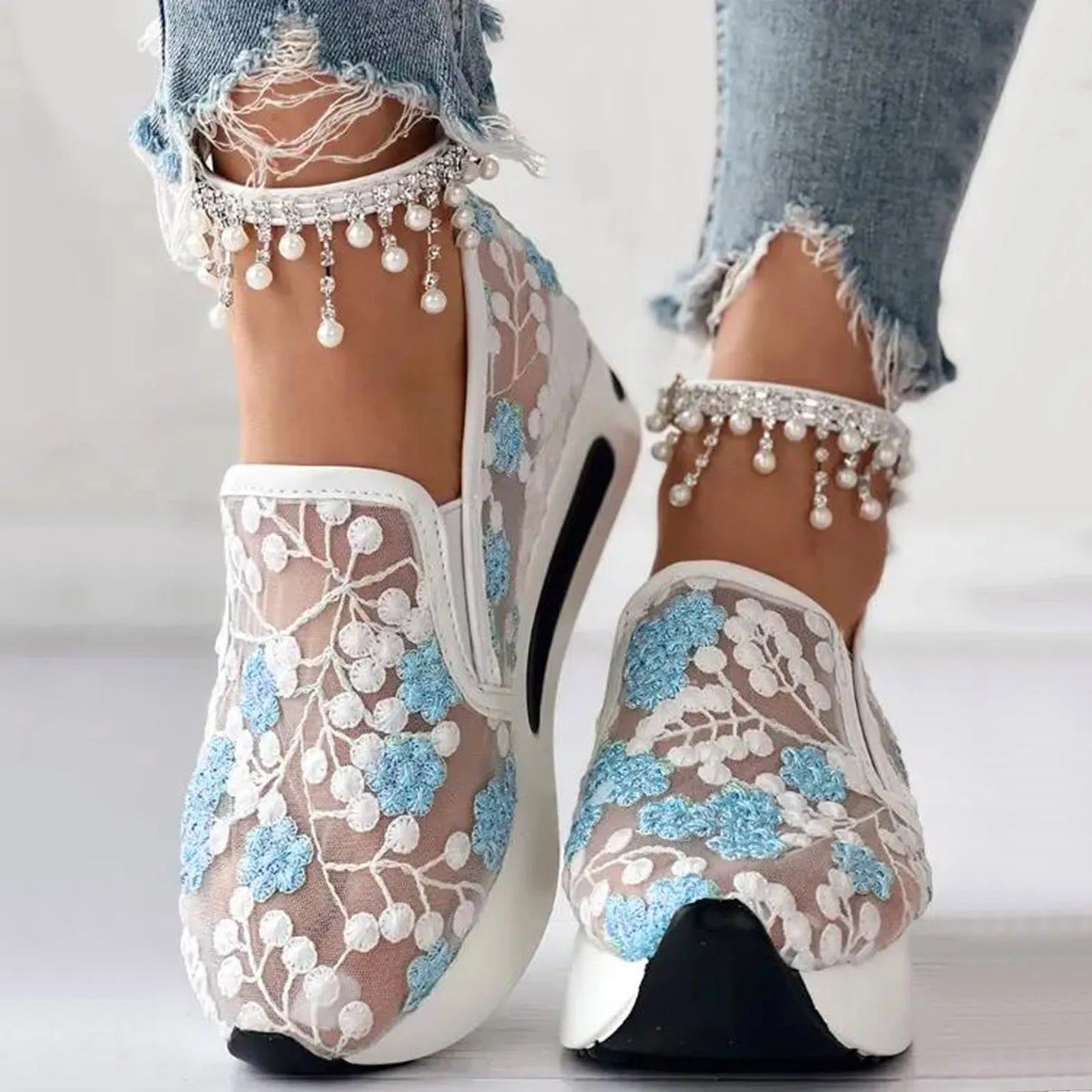 Ladies Breathable Lace Mesh Sneakers Fashion Flower Embroidery Round Toe Thick Bottom Comfortable Casual Slide On Shoes Women