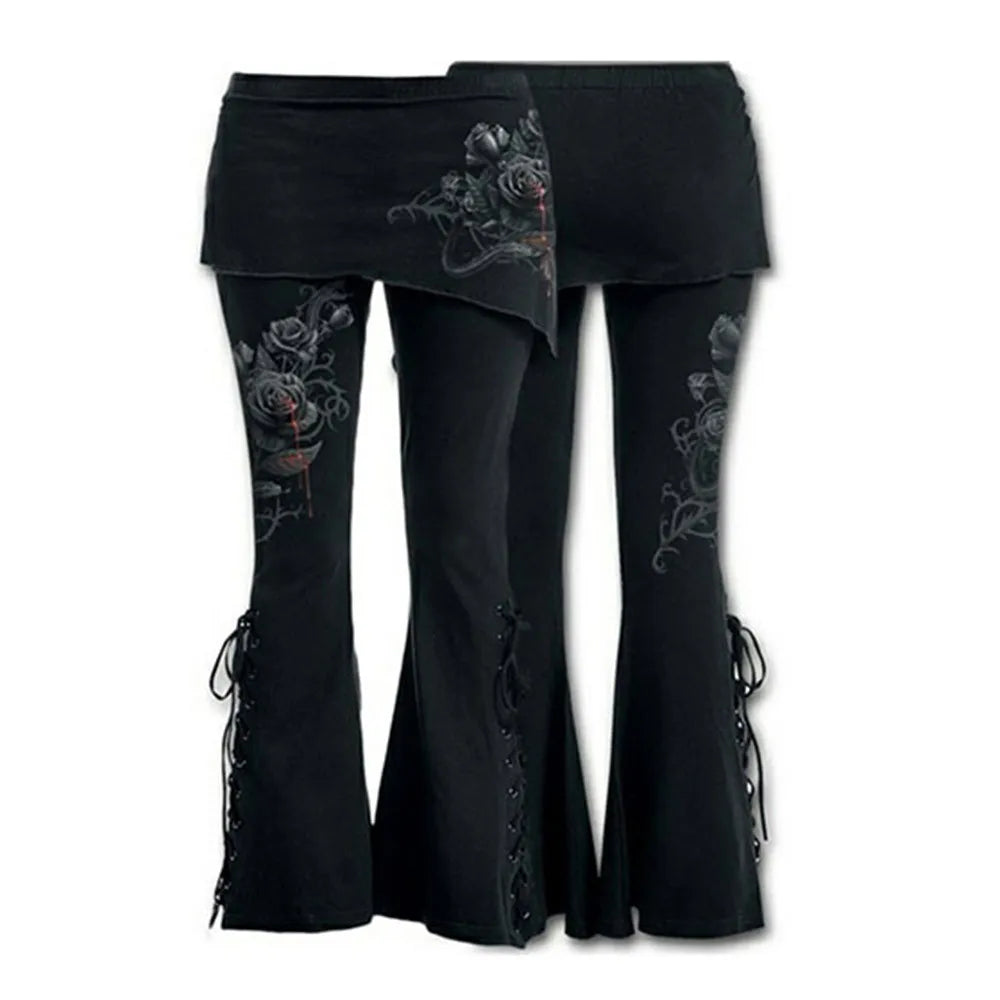 Gothic Punk Lace Up Black Pants Women's Leggings with Skirts High Waist Stretch Flared Dance Trousers Fitness Sporty Leggins